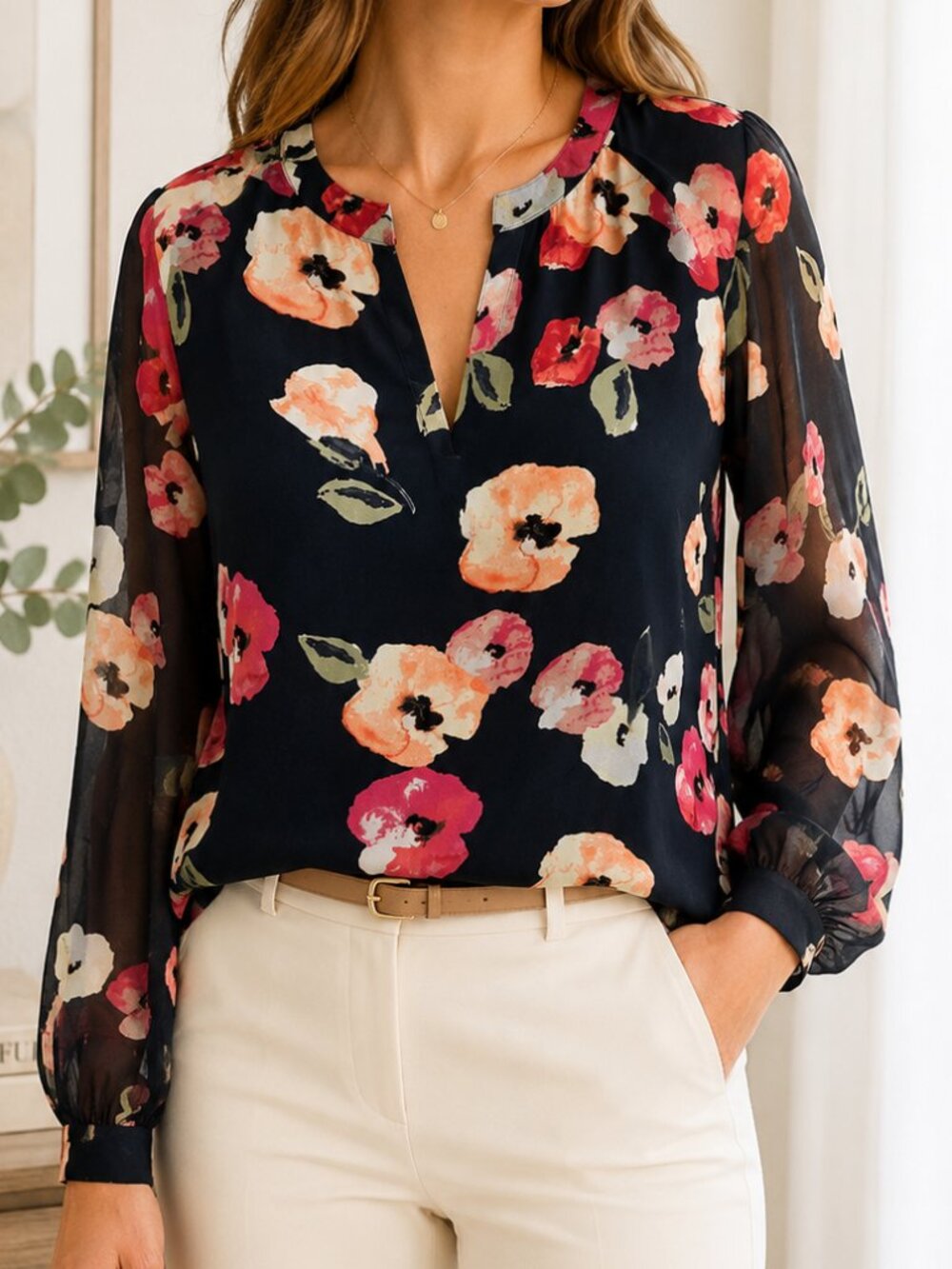 CAbi Black Floral V-Neck Blouse with Pink and Peach Blooms